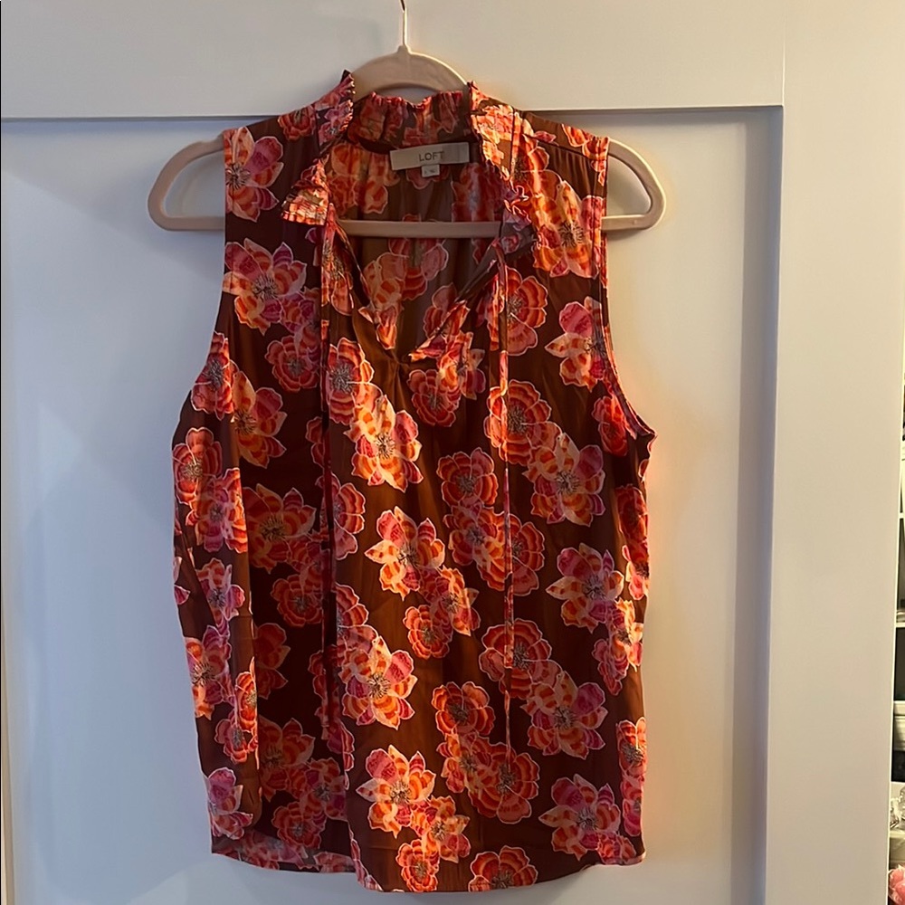 LOFT Red and Orange Blouse with Mandarin Collar and Relaxed Fit